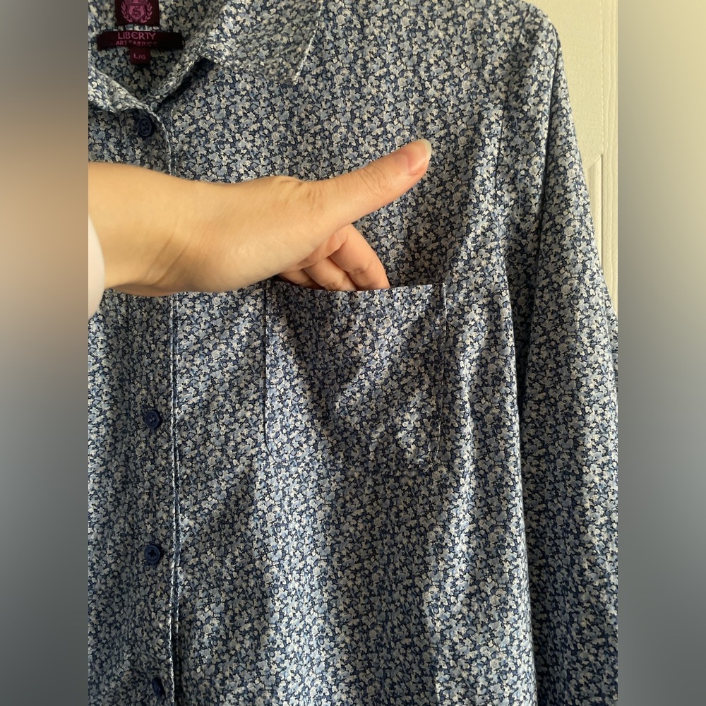 Liberty London Floral Cotton Shirt L Blue Art Fabric Tana Lawn - Picture 7 of 13
